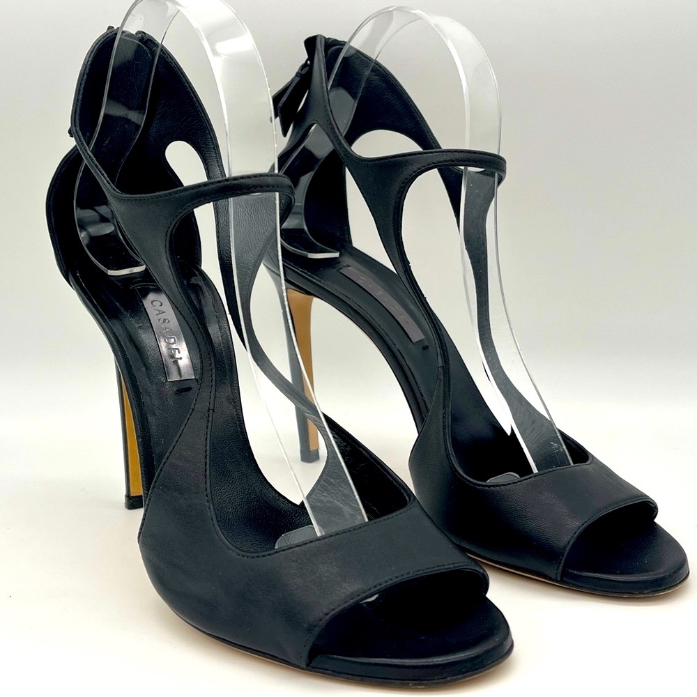 Casadei - Black Nappa Leather Open Toe Heels - Cut Out Design & Zipper Closure - Picture 11 of 11